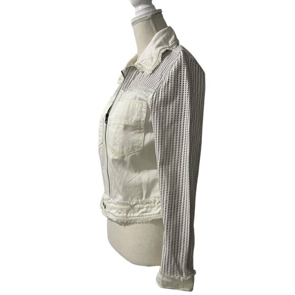 Jakett Hayden White Perforated Leather& Twill Rocker Chic Bomber Jacket Size S‎ - Picture 4 of 9